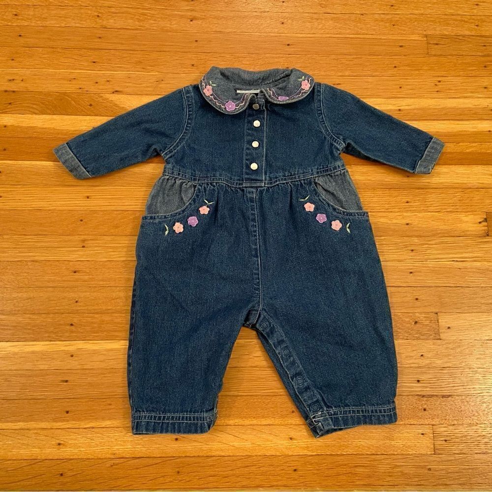 Vintage denim embroidered flower jumpsuit